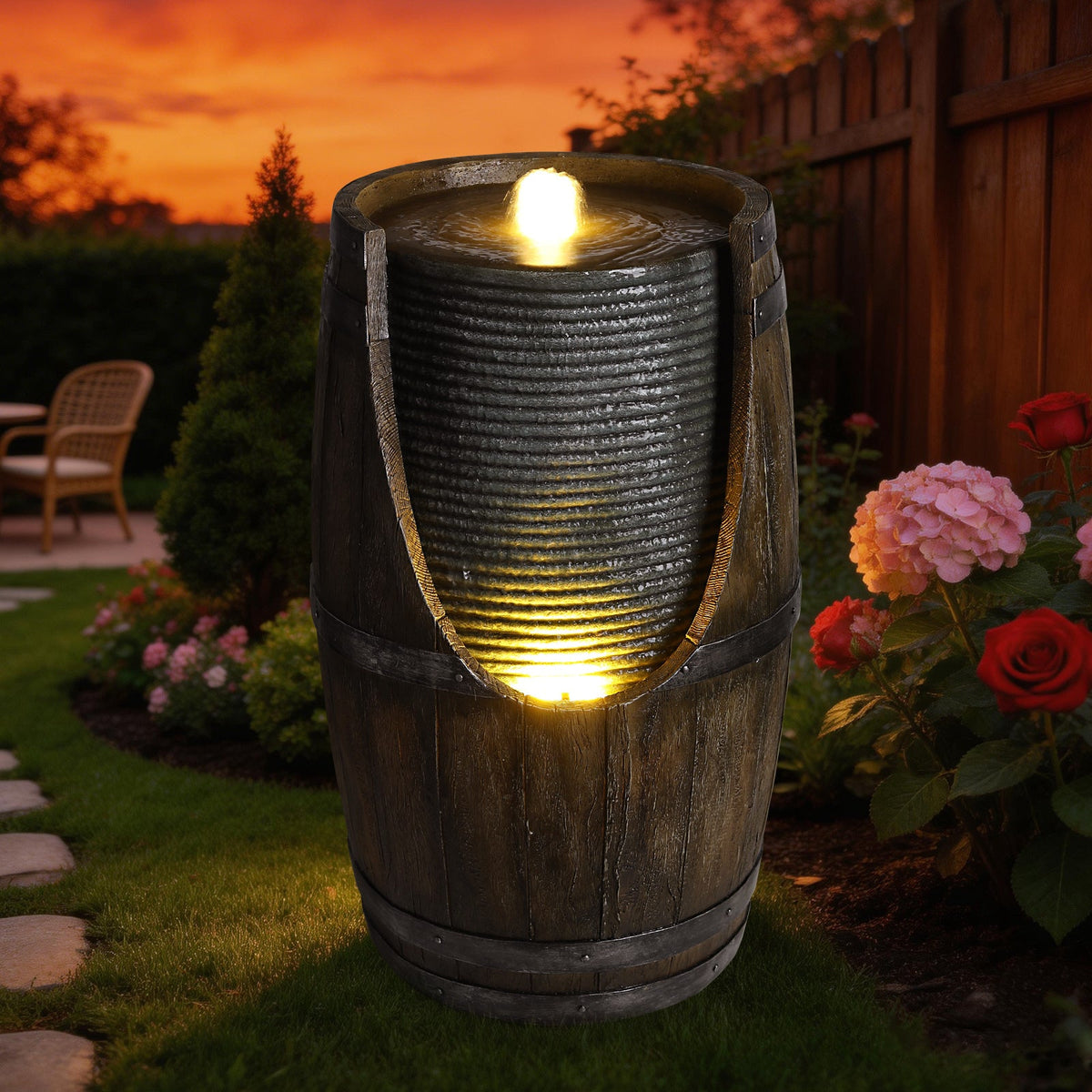 Resin Rustic Barrel Outdoor Water Fountain 24 Inch LED | Outdoor Fountain | Wiccan Center