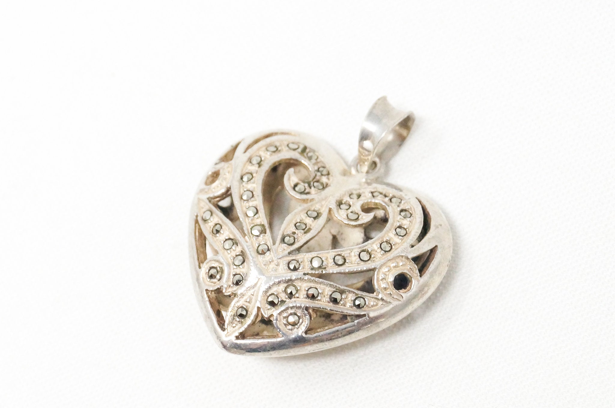 Vintage Marcasite Heart Cut Out Swirl Art Deco Sterling Silver Necklace Pendant | Jewelry > Necklaces > Pendants | Wiccan Center