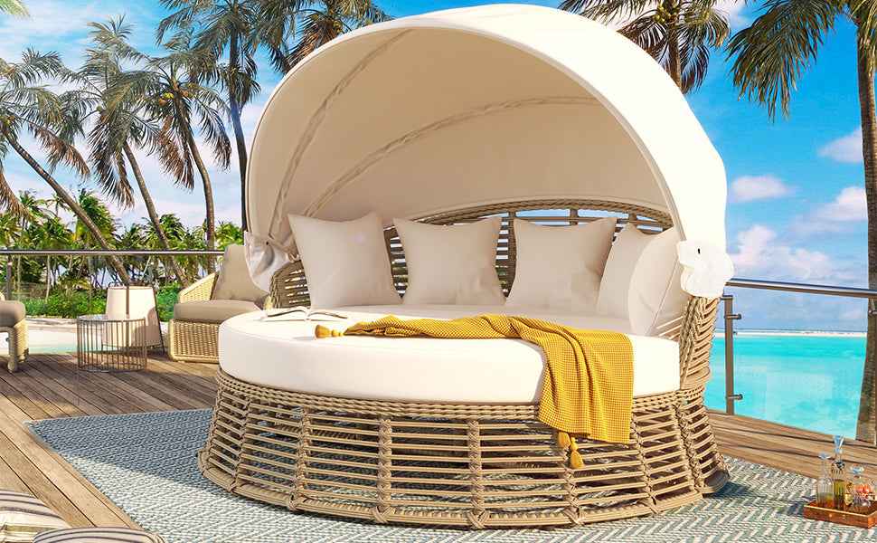 Outdoor Patio Rattan Round Daybed with Retractable Canopy, Wicker | Furniture | Wiccan Center