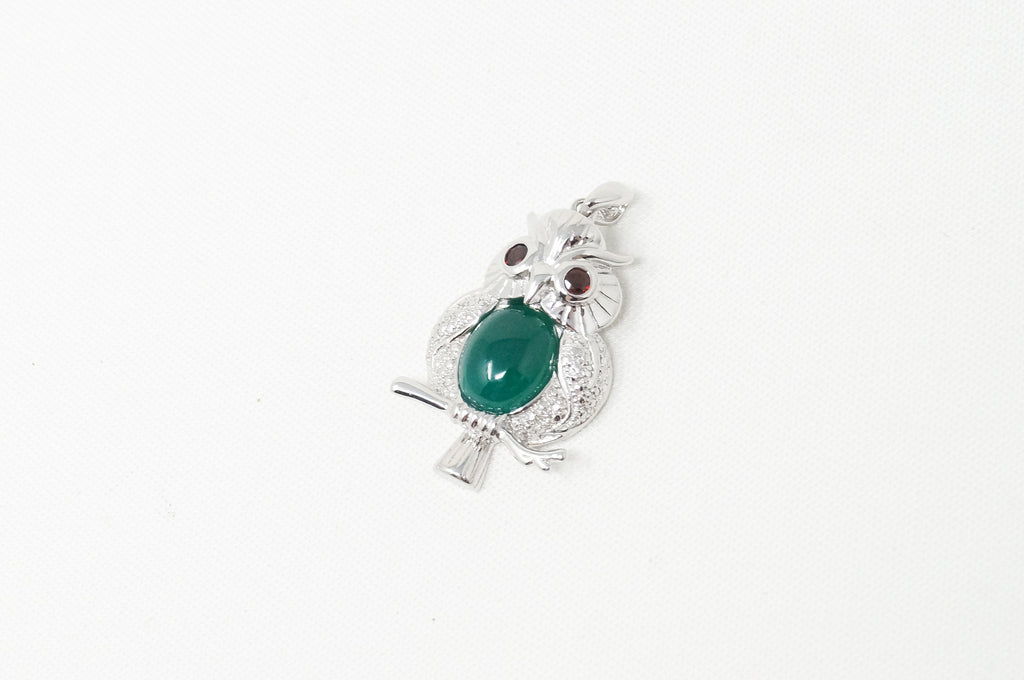 Vintage Green Chalcedony Garnet Wise Owl Sterling Silver Pendant Necklace | Jewelry > Necklaces > Pendants | Wiccan Center