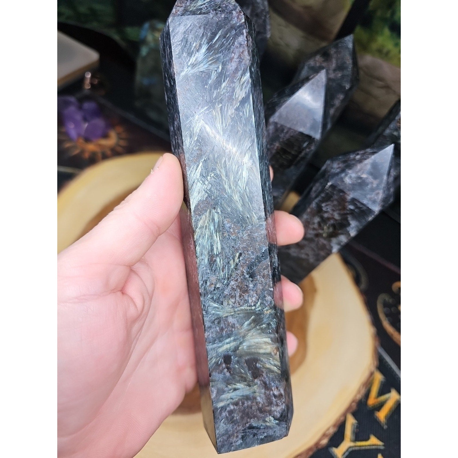 Arfvedsonite Garnet Crystal Tower with Blue Flash — 1.5–1.9 lbs, Polished | CrystalCloud Company | Crystal Points & Towers | Wiccan Center