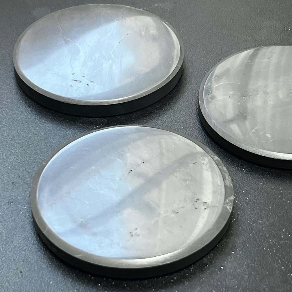 Black Shungite Polished Coaster (3.5 Inch) Circle Plate Polished Carving Russian Mineralized Carbon | Home & Living > Home Decor > Home Accents > Rocks & Geodes | Wiccan Center