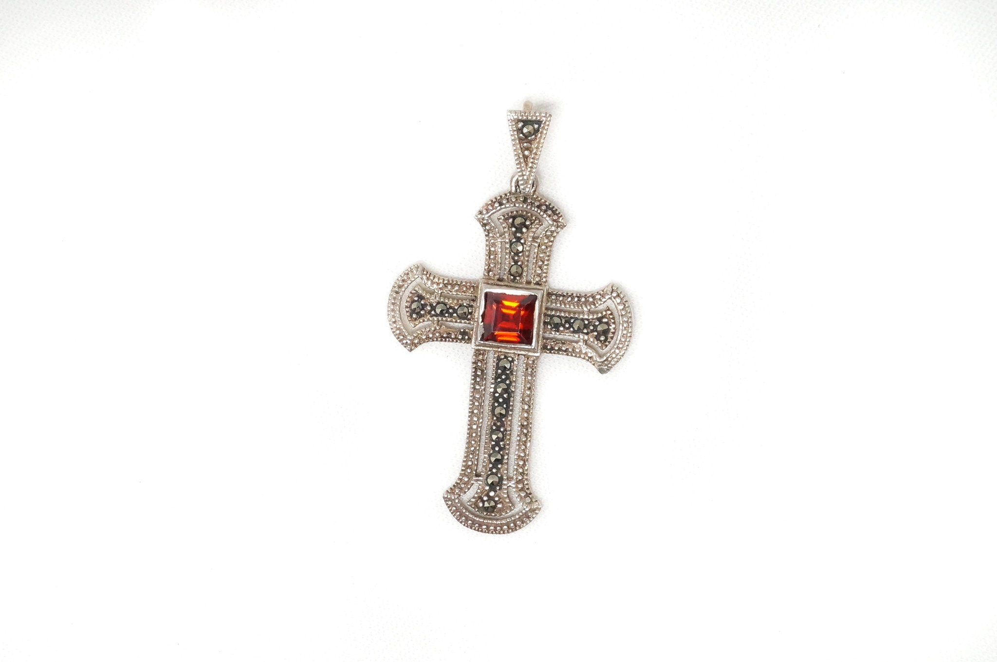 Vintage Garnet Marcasite Cross Sterling Silver Necklace Pendant | Jewelry > Necklaces > Pendants | Wiccan Center