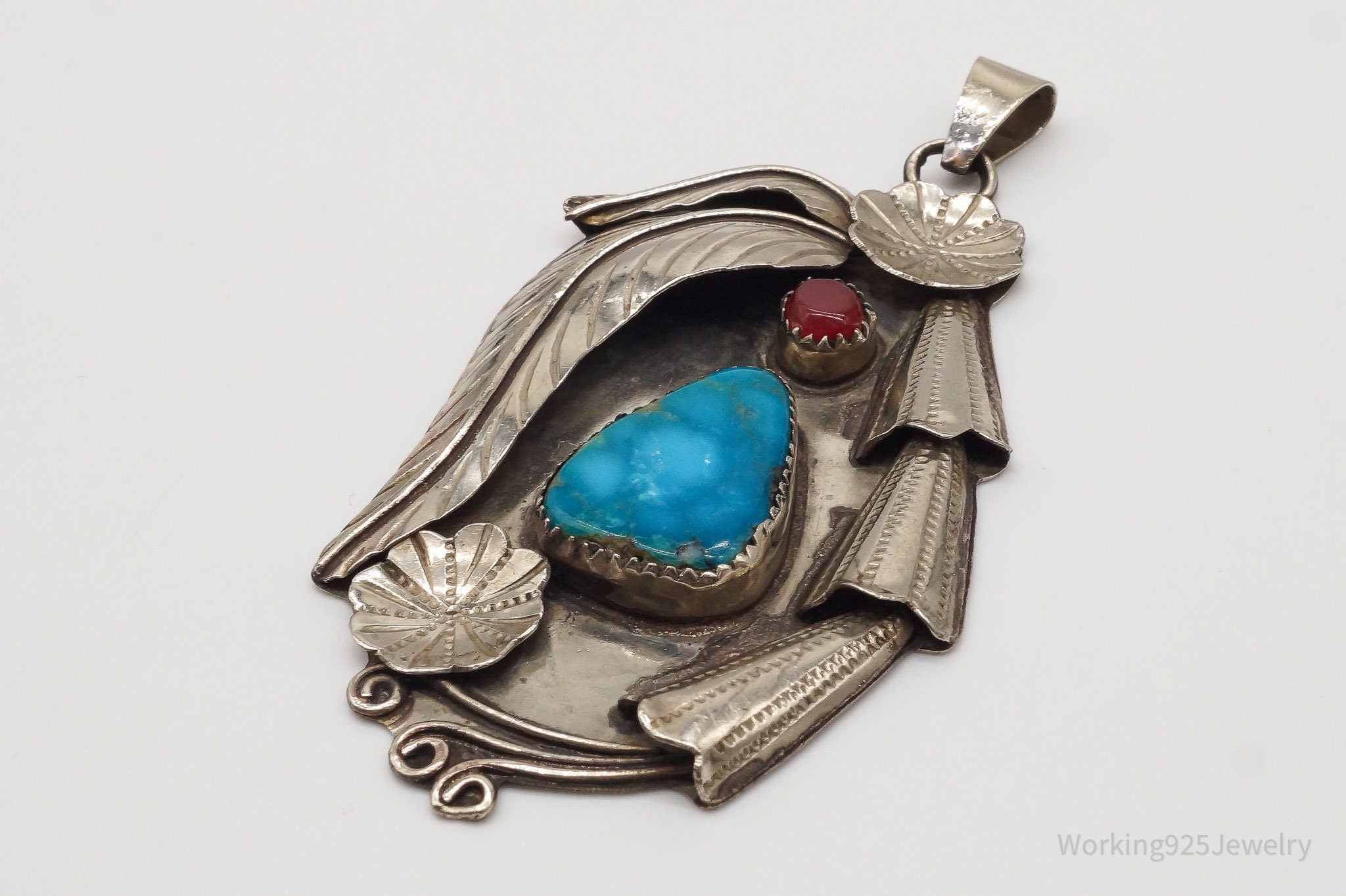 Large Vintage Native American Turquoise Carnelian Sterling Silver Pendant | Jewelry > Necklaces > Pendants | Wiccan Center