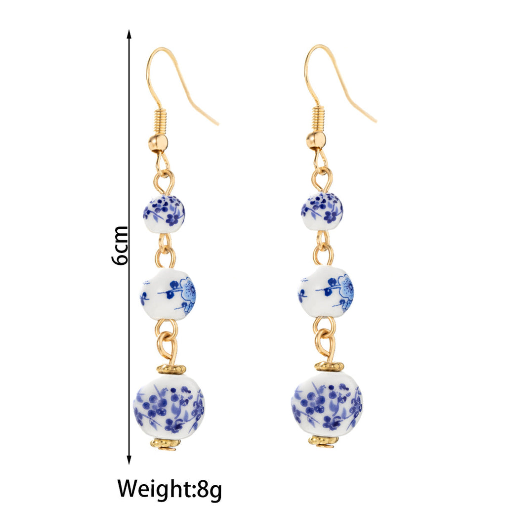 Blue And White Porcelain Ceramic Beads Long Earrings