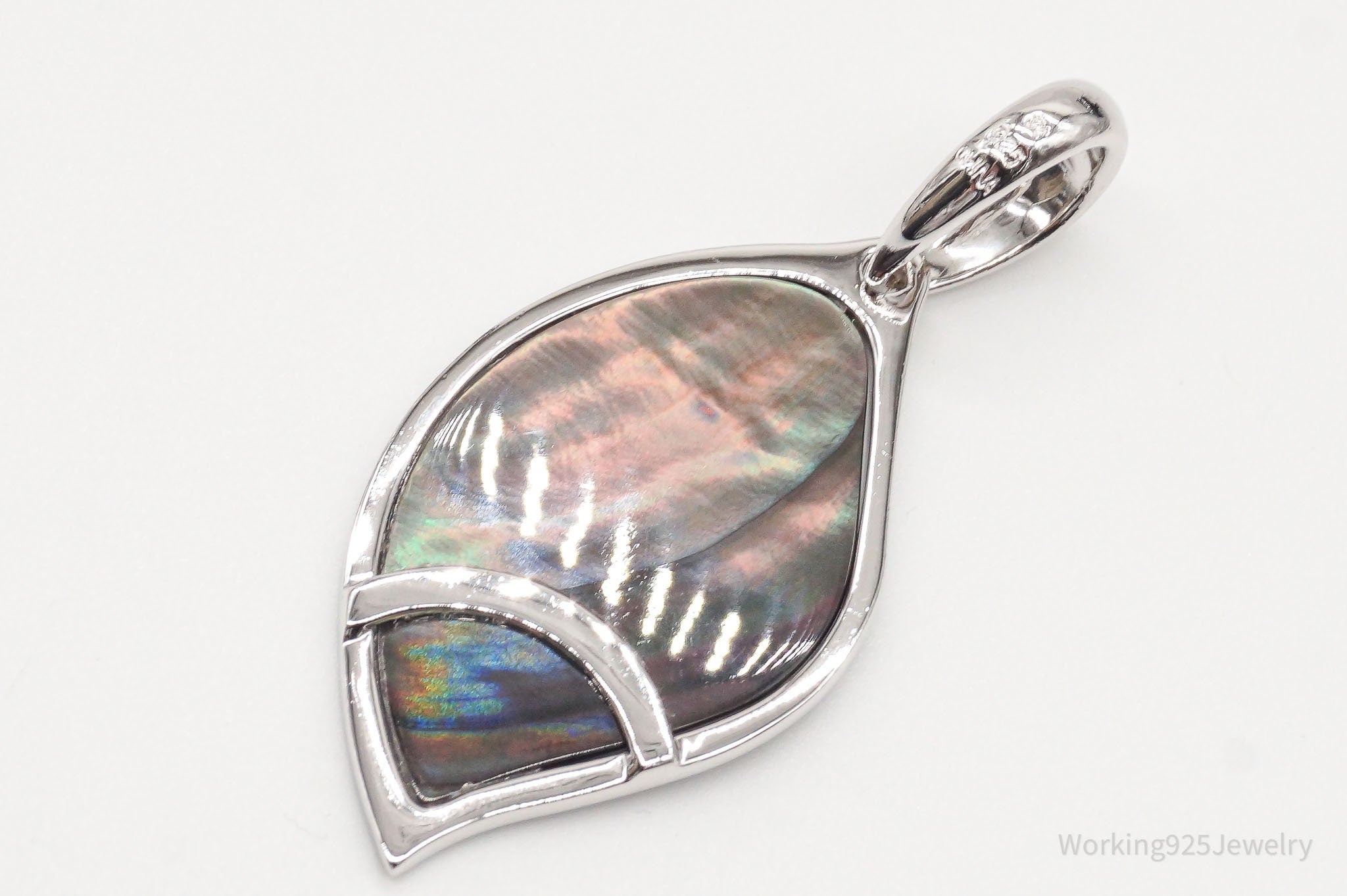 Large Vintage Carved Abalone Shell Sterling Silver Leaf Pendant | Jewelry > Necklaces > Pendants | Wiccan Center