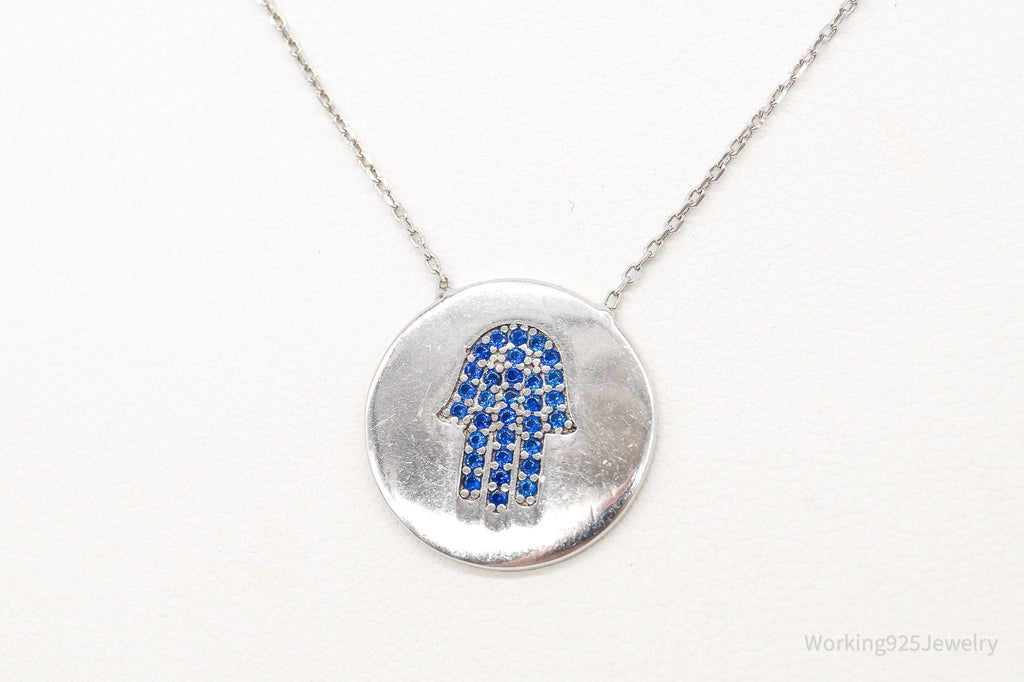 Vintage Blue Cubic Zirconia Hamsa Hand Sterling Silver Necklace | Jewelry > Necklaces > Pendants | Wiccan Center