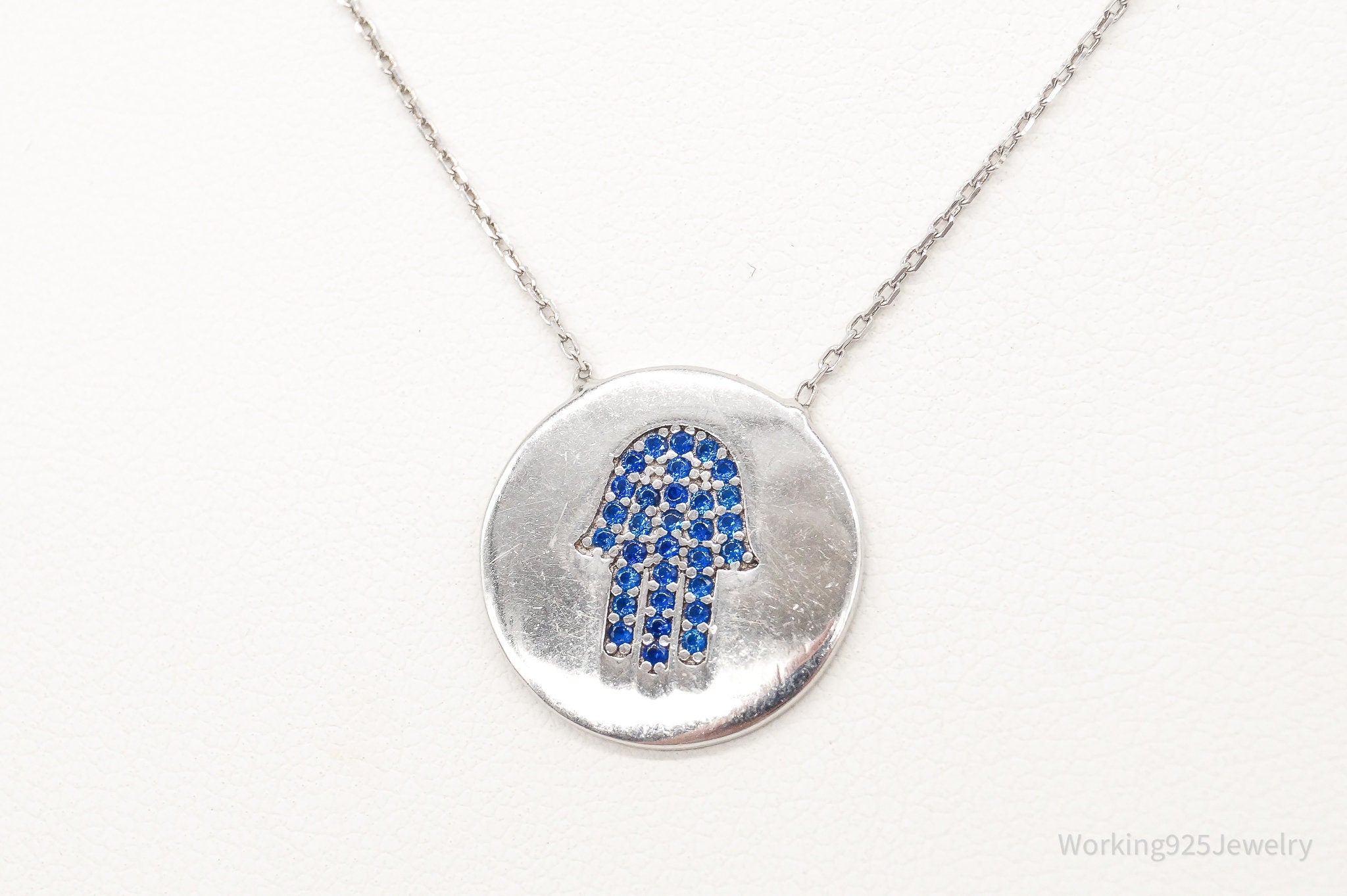 Vintage Blue Cubic Zirconia Hamsa Hand Sterling Silver Necklace | Jewelry > Necklaces > Pendants | Wiccan Center