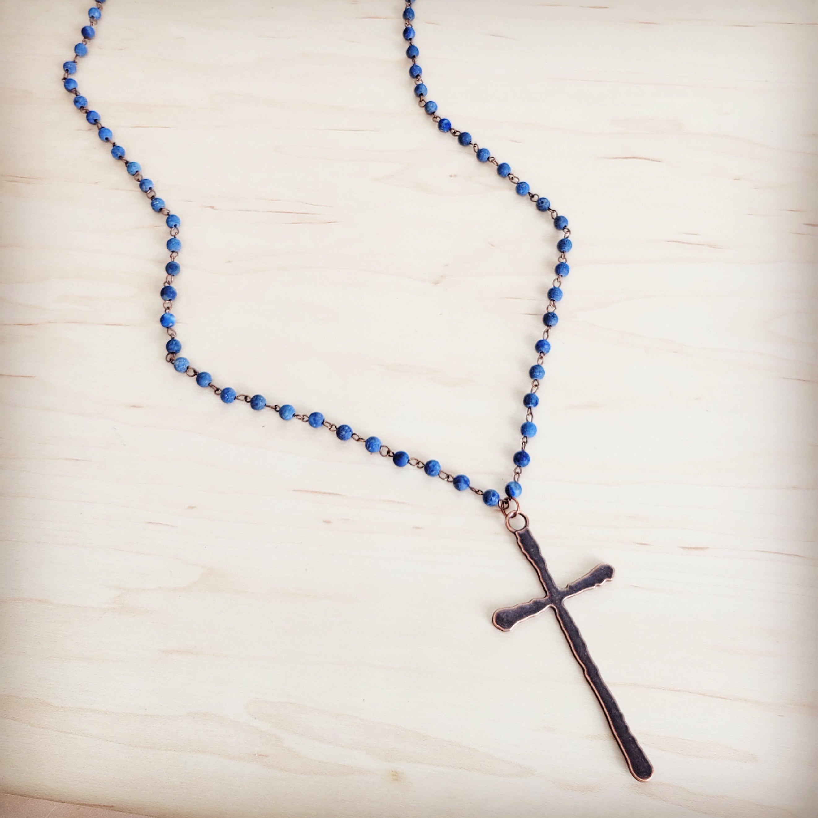 Genuine Blue Lapis Long Beaded Necklace with Antique Copper Cross 263a