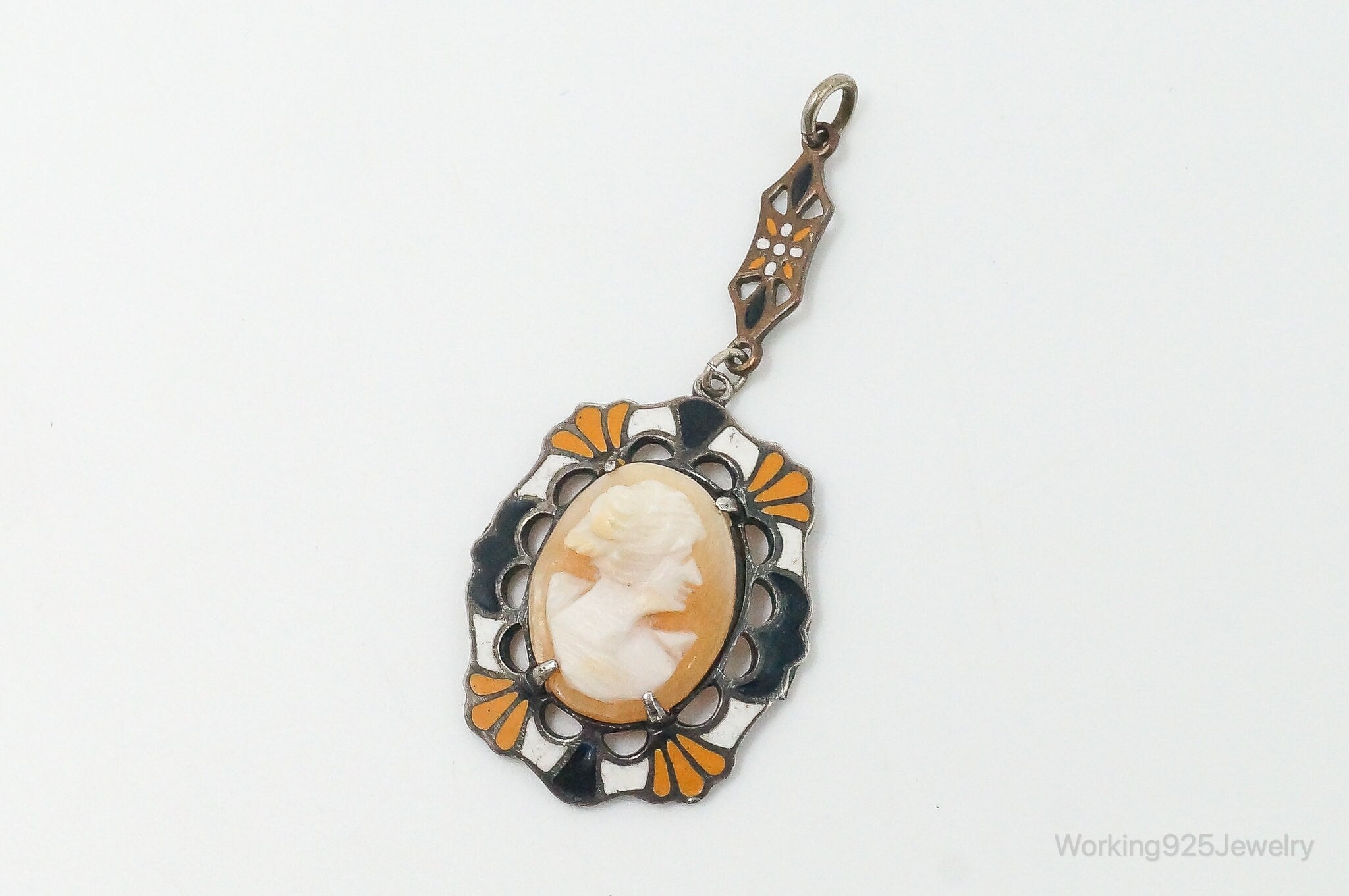 Antique Carved Woman Cameo Shell Enamel Sterling Silver Pendant | Jewelry > Necklaces > Pendants | Wiccan Center