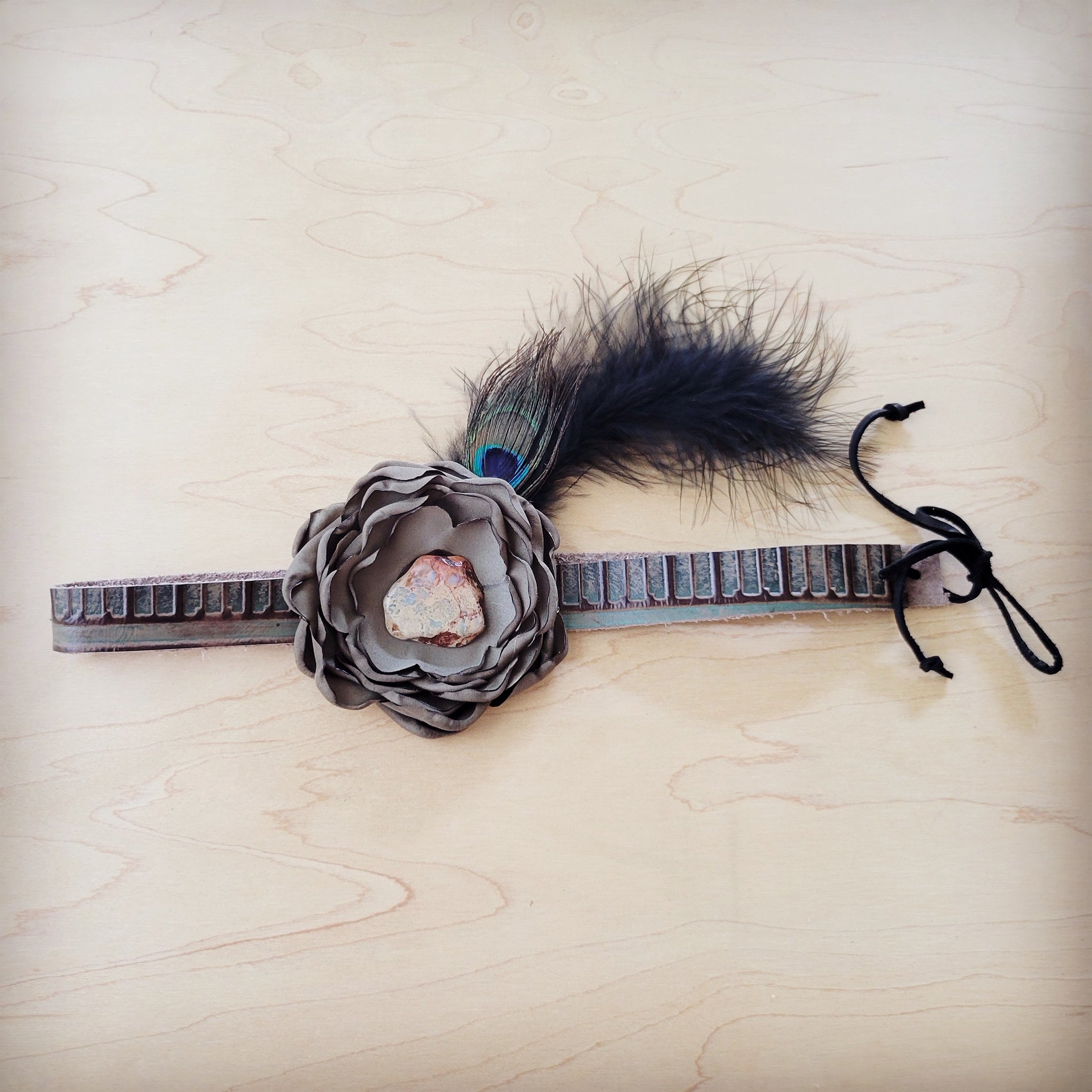Leather Hat Band w/ Silk Flower & Feathers-Olive (Band Only) 952z