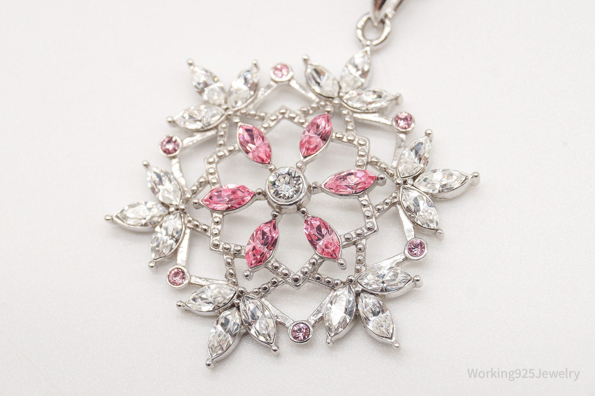 Vintage Designer RL Pink & White Crystal Snowflake Sterling Silver Necklace | Jewelry > Necklaces > Pendants | Wiccan Center