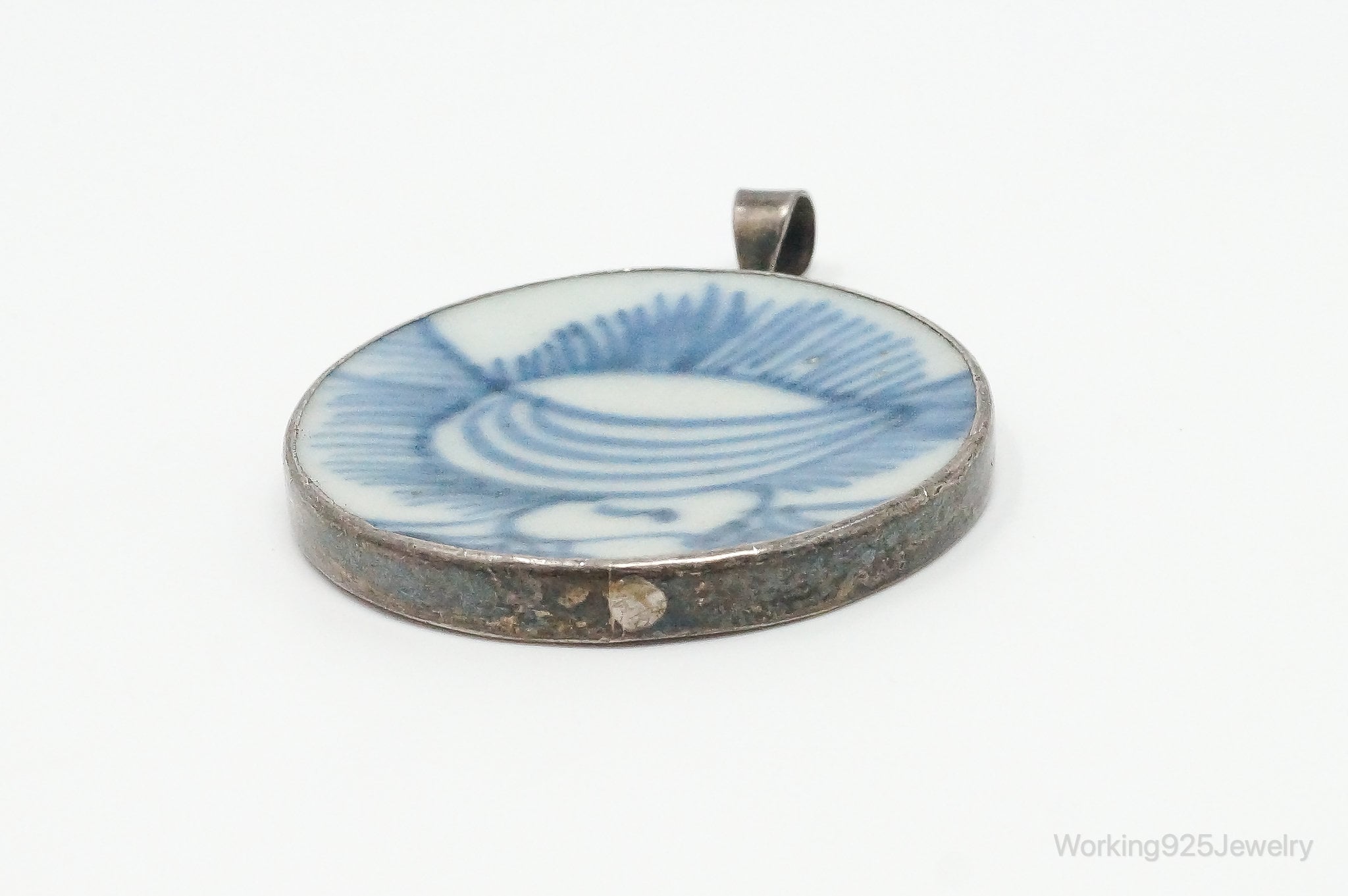 Vintage White Blue Ming Porcelain Sterling Silver Pendant | Jewelry > Necklaces > Pendants | Wiccan Center