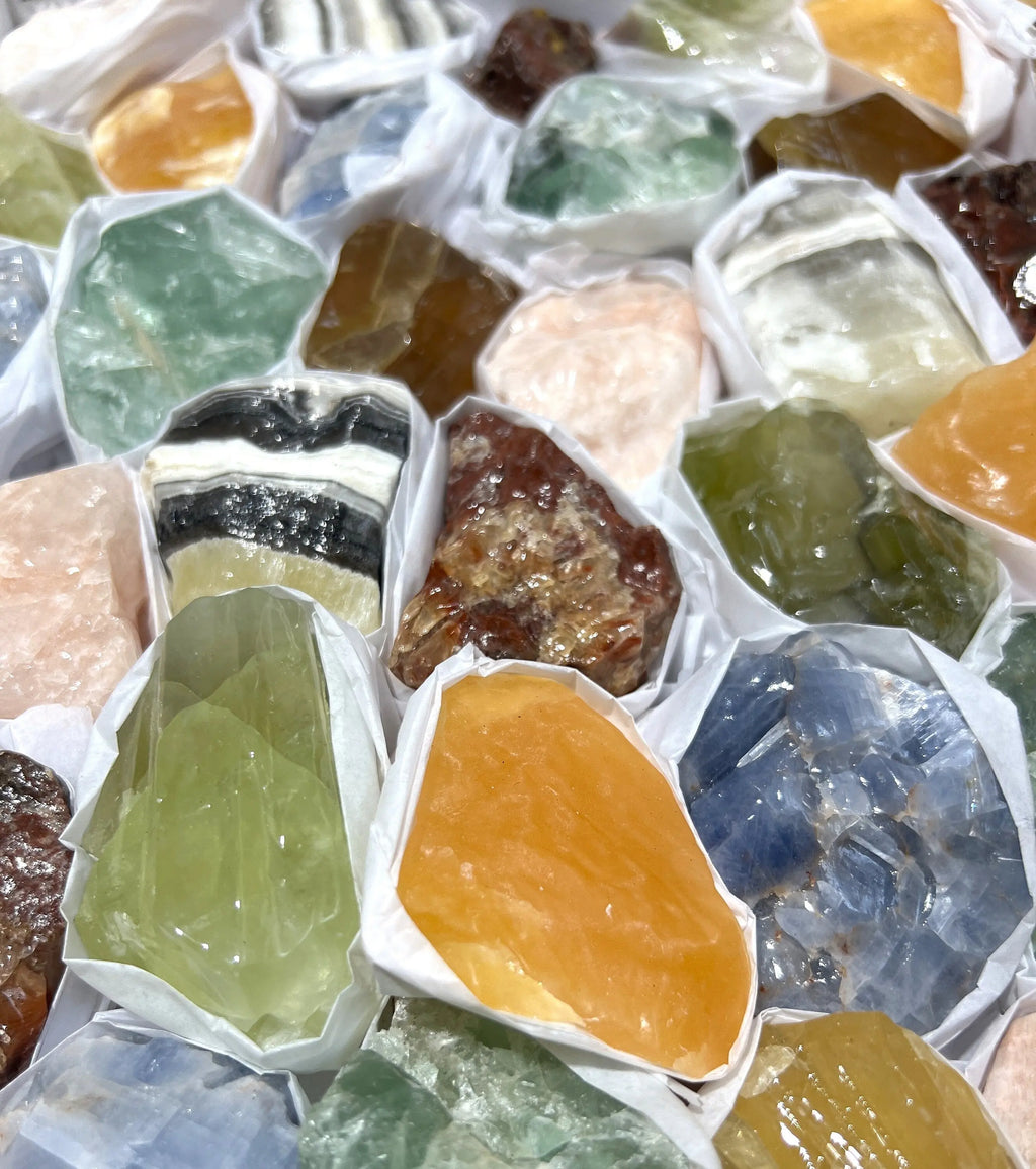 Assorted Calcite & Fluorite Mixed Rough Raw Crystals Wholesale Collection Orange Blue Zebra Green Box Flat | Home & Living > Home Decor > Home Accents > Rocks & Geodes | Wiccan Center