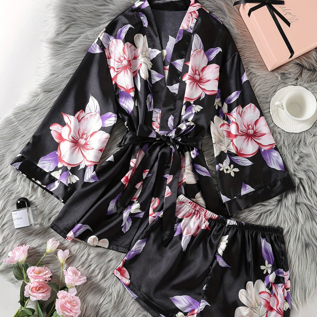 Women's Spring Summer Youth Satin-like Silk Kimono Robe Foreign Trade Floral Open Front Morning Robe Bathrobe
