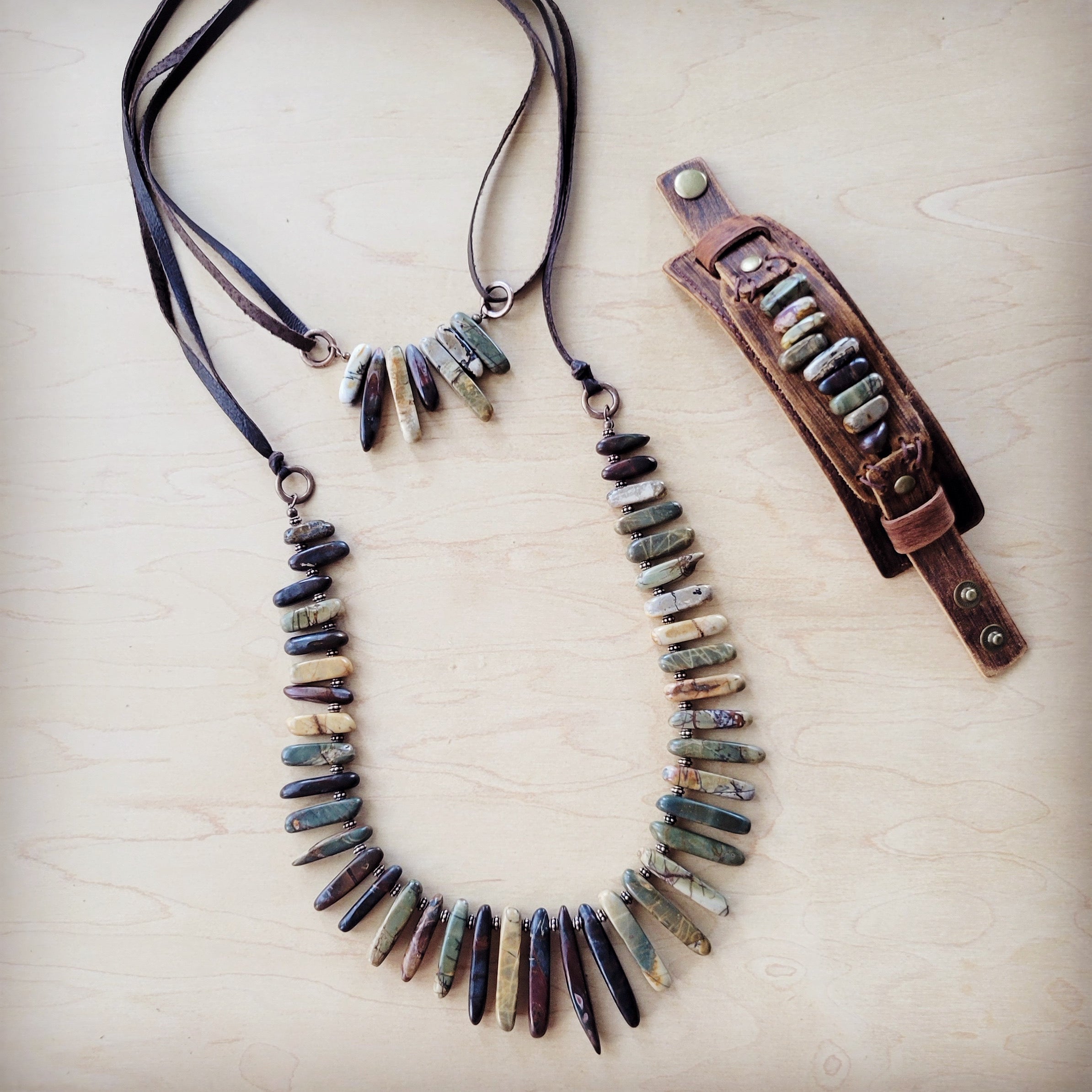 Picasso Jasper Stone Collar Necklace w/ Genuine Leather Cord 261f | Necklace | Wiccan Center
