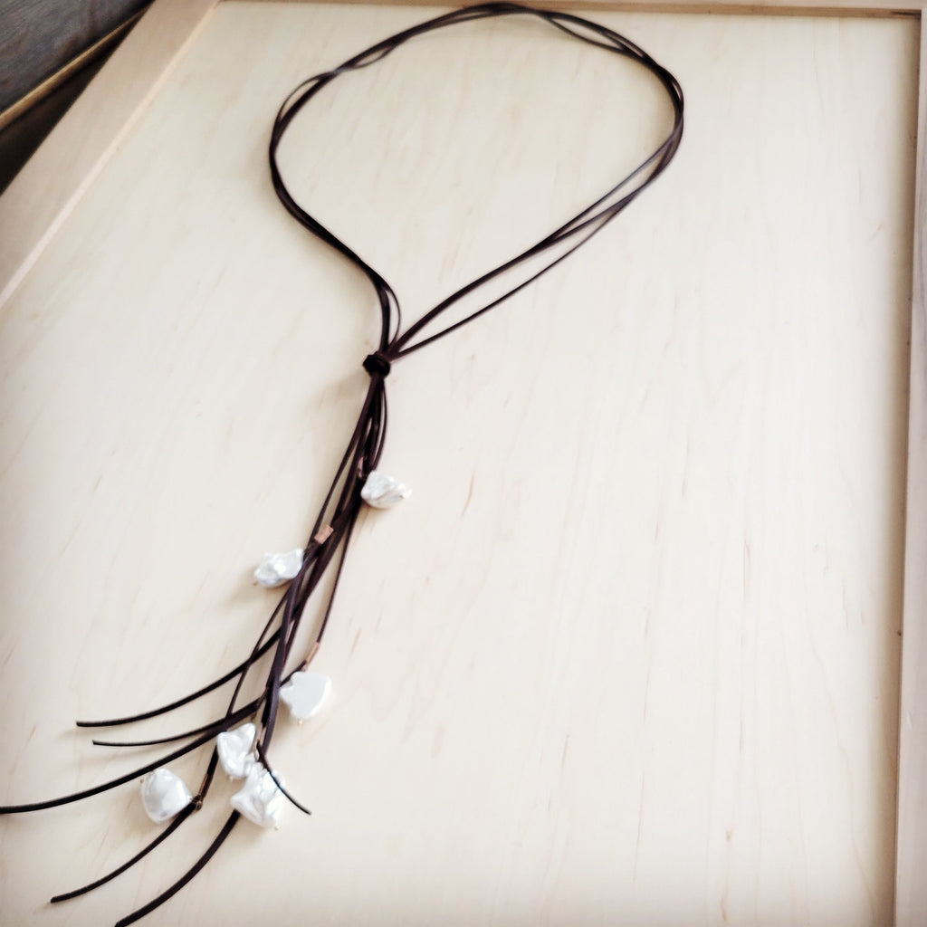 Dark Brown Boho Knotted Leather Cord Necklace w/ Pearls 263w | Necklace | Wiccan Center