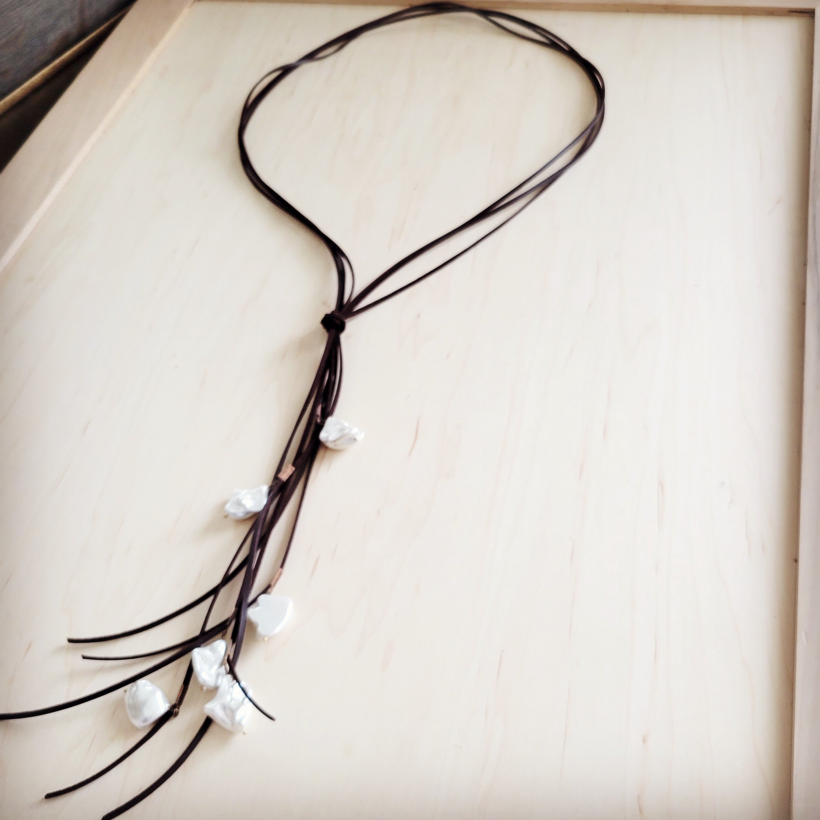 Dark Brown Boho Knotted Leather Cord Necklace w/ Pearls 263w | Necklace | Wiccan Center