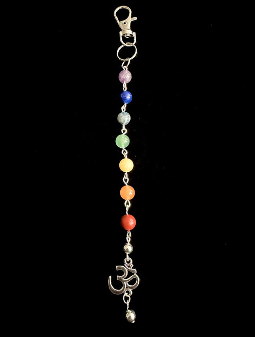 7 Chakra Crystal Gemstone Bag Charm Keychain with Silver Om | bag charm | Wiccan Center
