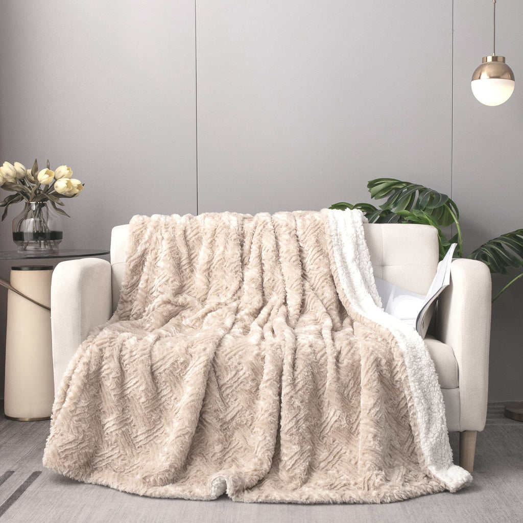DaDalogy Bedding Champagne Ivory Faux Fur Throw Blanket - Dreamy Gold Geometric Embossed Sherpa Backside - Super Soft Warm Cozy Plush Fluffy | Throw Blankets | Wiccan Center