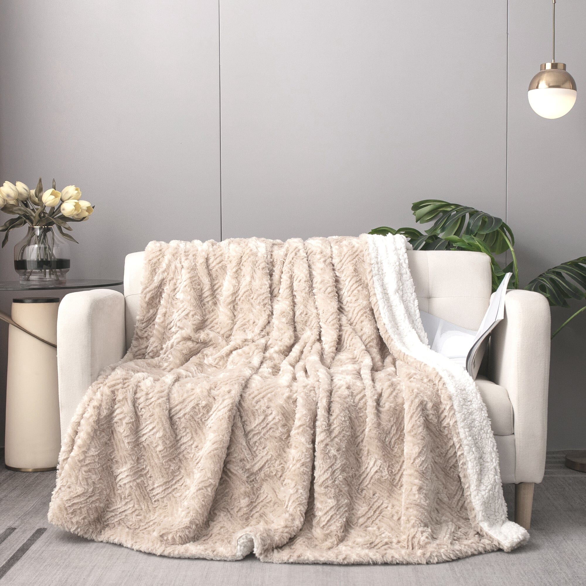 DaDalogy Bedding Champagne Ivory Faux Fur Throw Blanket - Dreamy Gold Geometric Embossed Sherpa Backside - Super Soft Warm Cozy Plush Fluffy | Throw Blankets | Wiccan Center