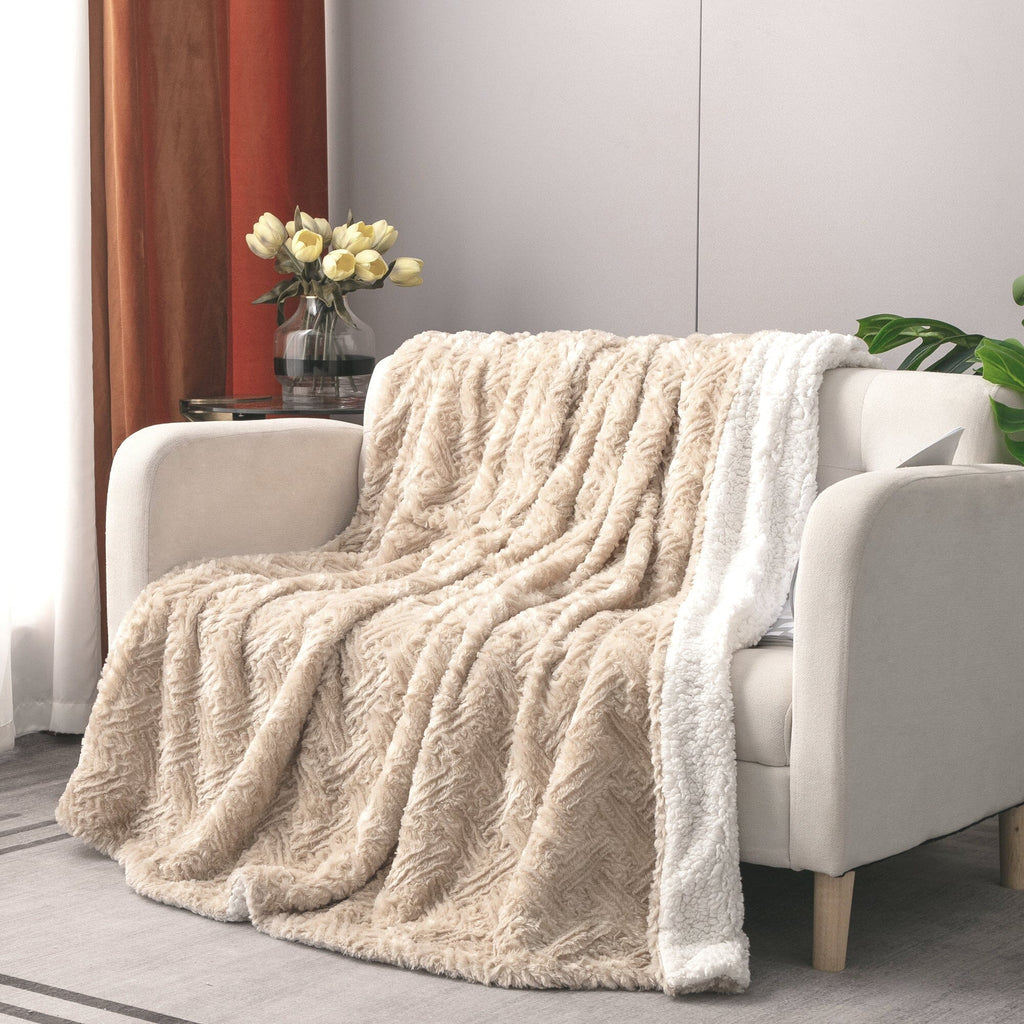 DaDalogy Bedding Champagne Ivory Faux Fur Throw Blanket - Dreamy Gold Geometric Embossed Sherpa Backside - Super Soft Warm Cozy Plush Fluffy | Throw Blankets | Wiccan Center