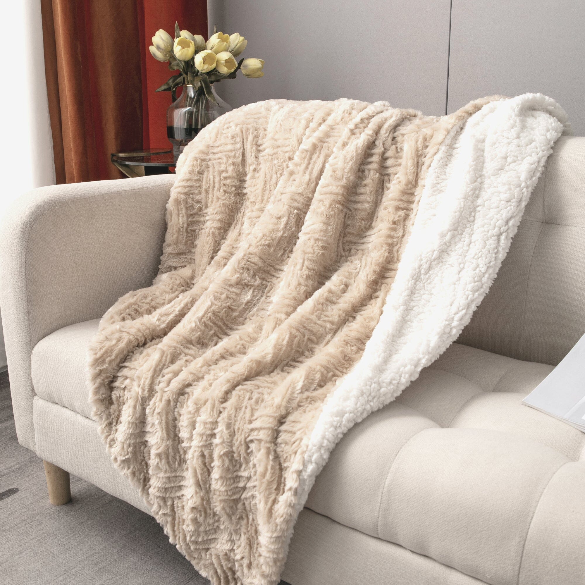 DaDalogy Bedding Champagne Ivory Faux Fur Throw Blanket - Dreamy Gold Geometric Embossed Sherpa Backside - Super Soft Warm Cozy Plush Fluffy | Throw Blankets | Wiccan Center