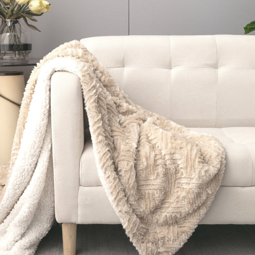 DaDalogy Bedding Champagne Ivory Faux Fur Throw Blanket - Dreamy Gold Geometric Embossed Sherpa Backside - Super Soft Warm Cozy Plush Fluffy | Throw Blankets | Wiccan Center