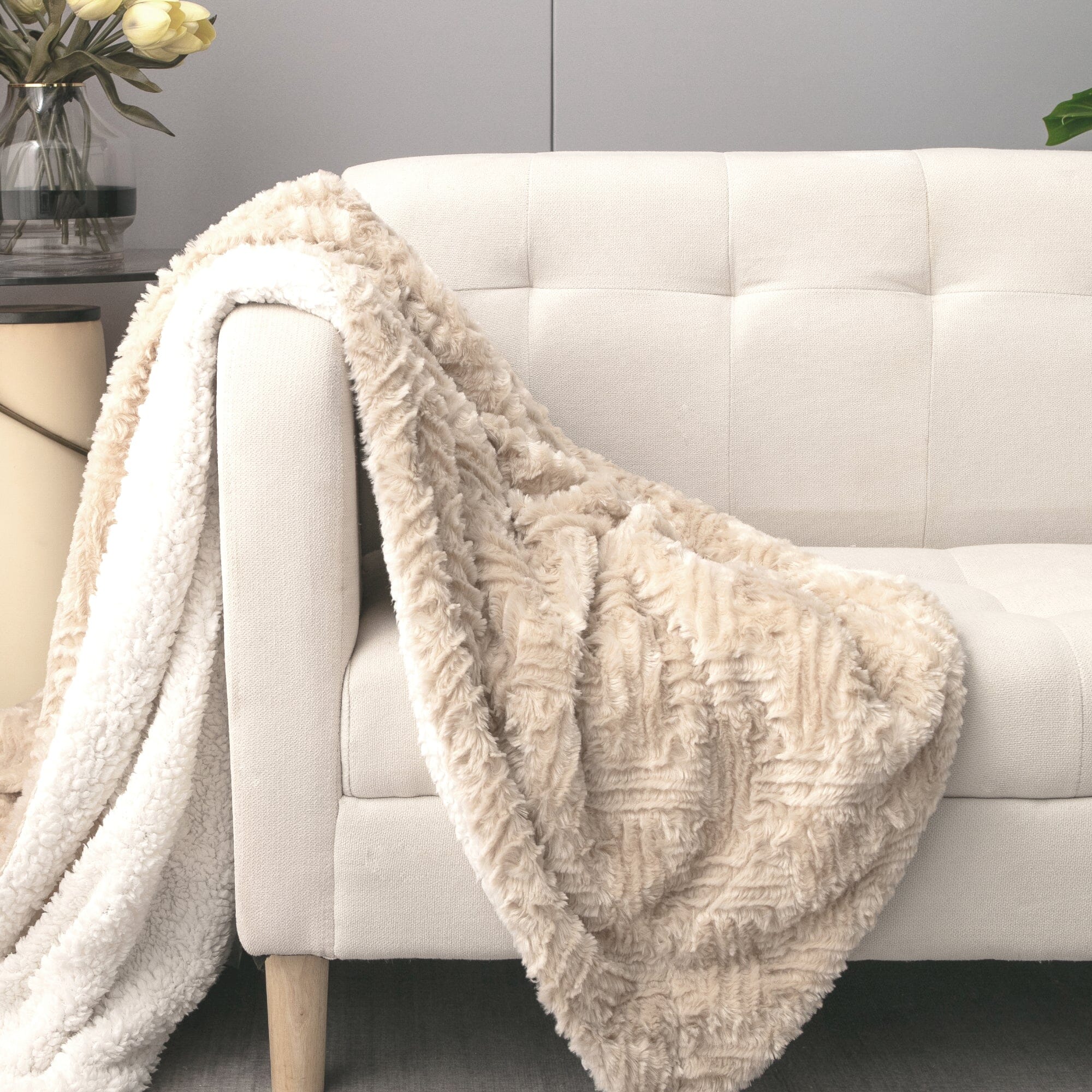 DaDalogy Bedding Champagne Ivory Faux Fur Throw Blanket - Dreamy Gold Geometric Embossed Sherpa Backside - Super Soft Warm Cozy Plush Fluffy | Throw Blankets | Wiccan Center