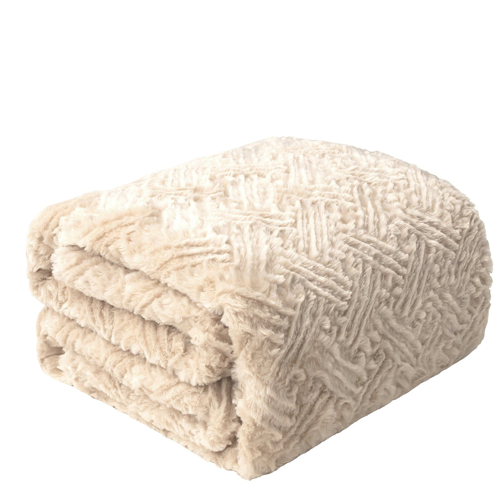 DaDalogy Bedding Champagne Ivory Faux Fur Throw Blanket - Dreamy Gold Geometric Embossed Sherpa Backside - Super Soft Warm Cozy Plush Fluffy | Throw Blankets | Wiccan Center