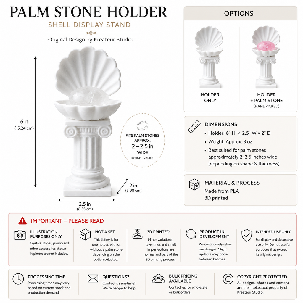 Original Venus Clam Shell Palm Stone Holder Set (2-Piece) – White 3D Printed Coastal Home Décor Display | Optional Palm Stones Included