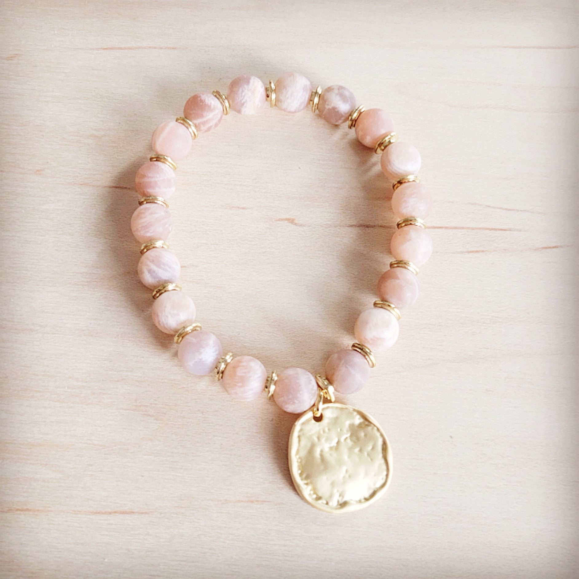 Frosted Sunstone Stretch Bracelet w/ Matte Gold Charm 811q