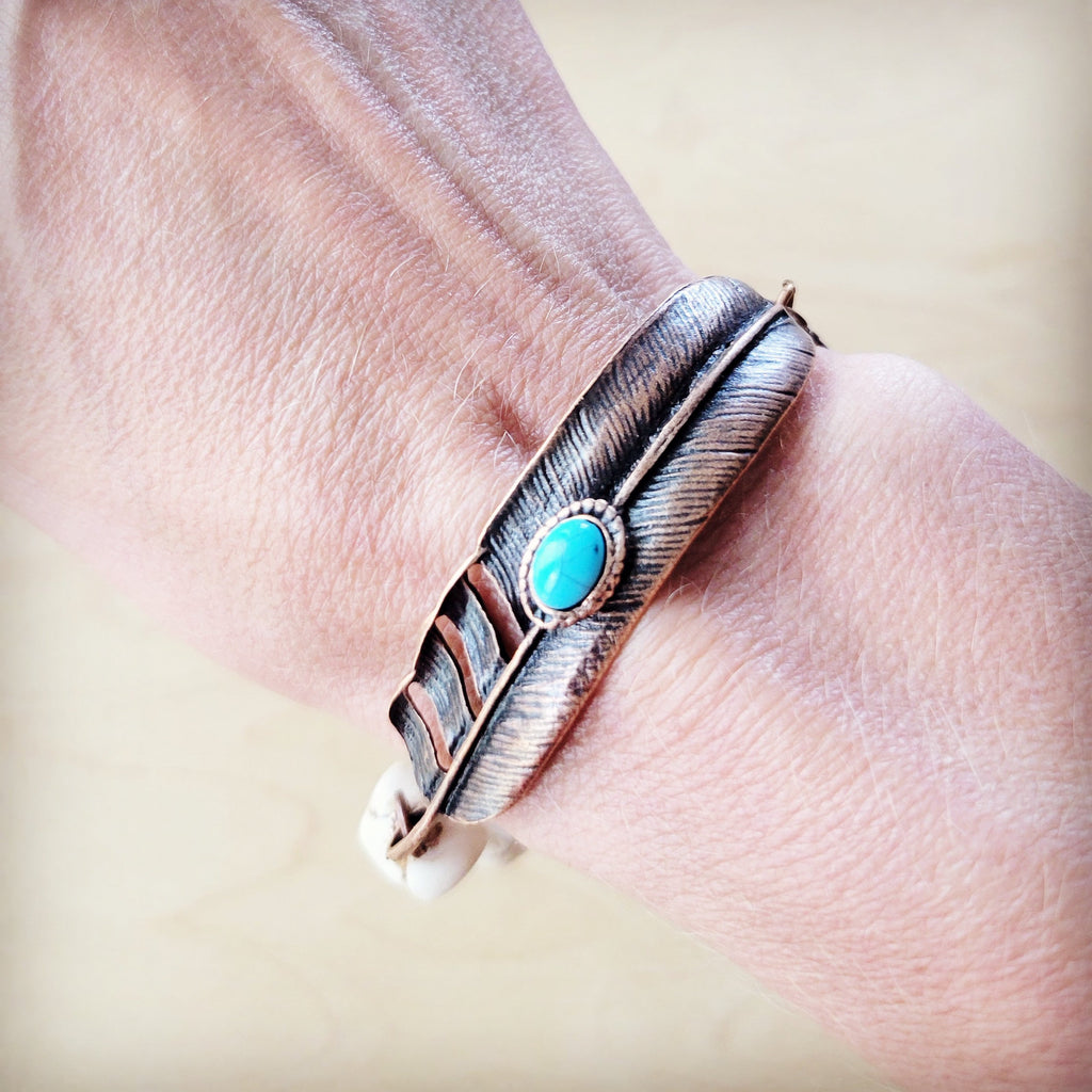 White Chunky Turquoise Beaded Bracelet on Copper Feather 810s | Bracelet | Wiccan Center