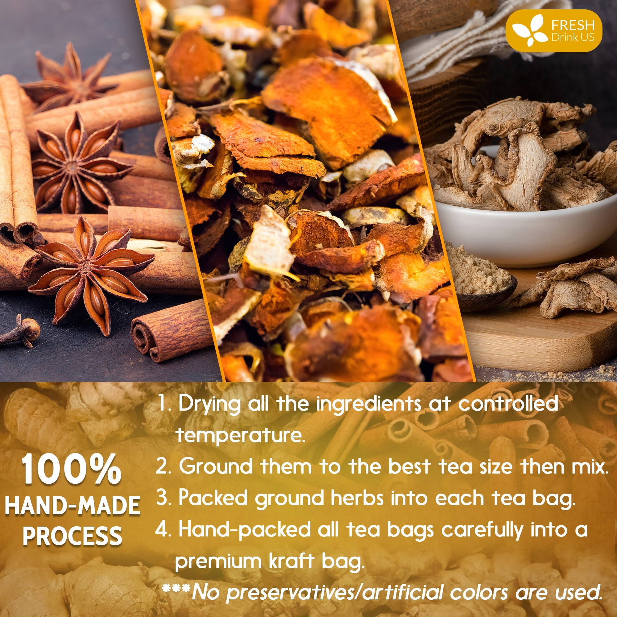 Turmeric, Ginger, Cinnamon Tea, Tea Bags, 100% Natural, Hand-made Blend of Turmeric, Ginger, and Cinnamon. Eco-conscious Tea Bags. Turmeric Ginger Herbal Tea. No Sugar, No Caffeine, No Gluten, Vegan. | Tea | Wiccan Center