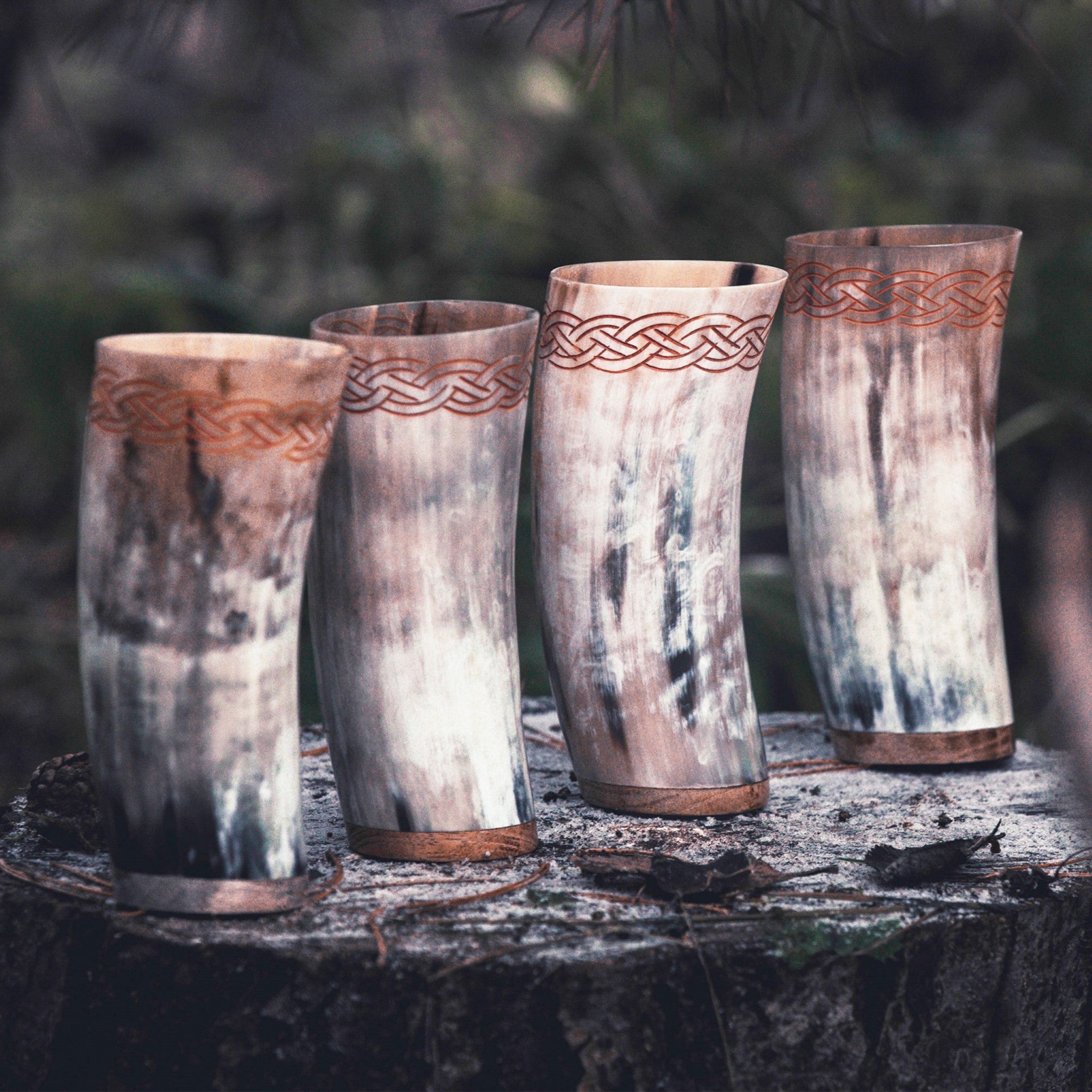 Viking Horn Cups Set of 4 – Celtic-Engraved Ox Horn