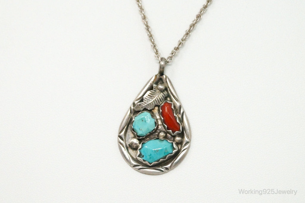 VTG Native American Afonso Penketewa Turquoise Coral Sterling Silver Necklace | Jewelry > Necklaces > Pendants | Wiccan Center