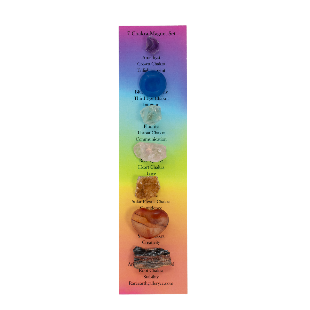 7 Chakra Magnet Set - Set 1 with Amethyst Crystal, Dyed Blue Chalcedony Cabochon, Raw Fluorite Cubic Crystal, Raw Rose Quartz from Brazil, Citrine Crystal Cluster, Carnelian Heart & AZ Petrified Wood | | Wiccan Center