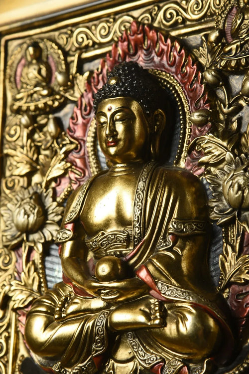25" Xizang Vintage Lacquerware Gilded True Gold Painted Shakyamuni Two-sided Thangka Screen Insertion | Religious Art | Wiccan Center