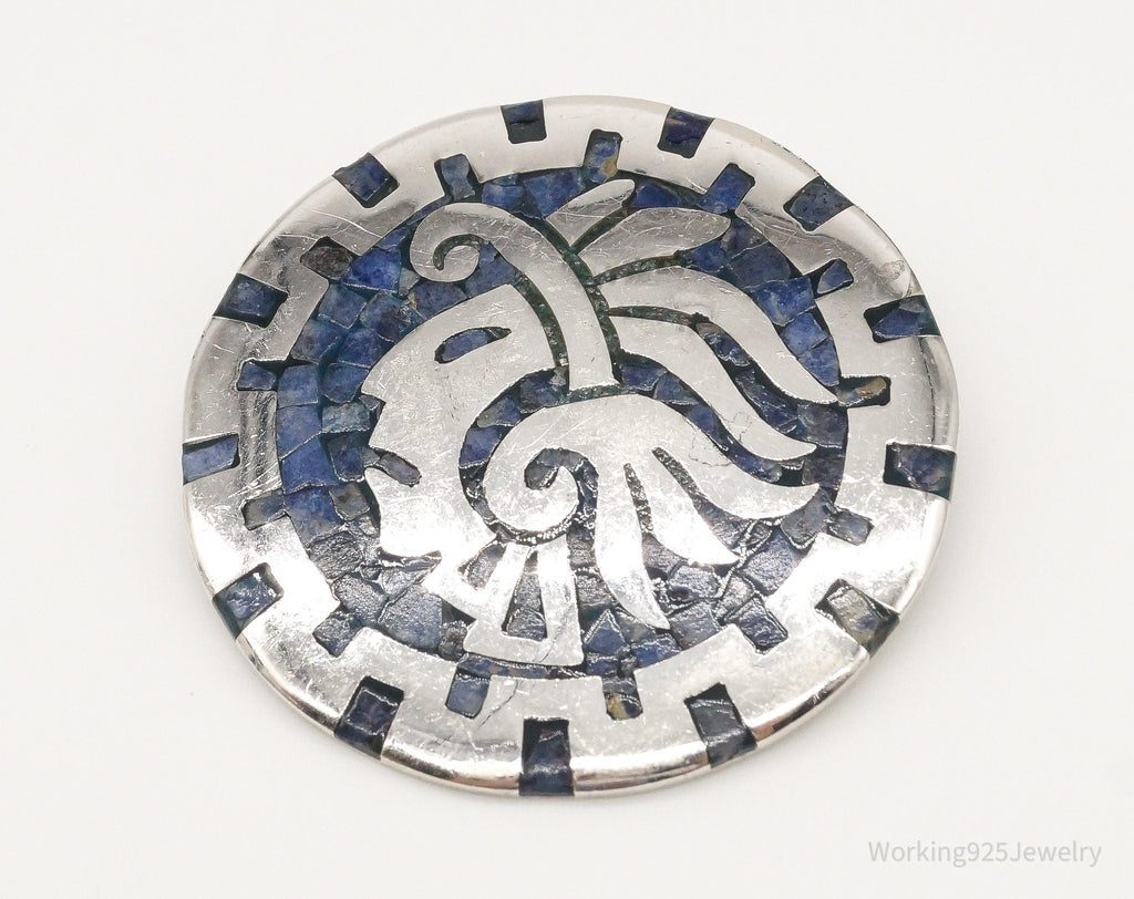 Vintage Mexico Handmade Sodalite Inlay Aztec Sterling Silver Pendant Pin | Jewelry > Necklaces > Pendants | Wiccan Center