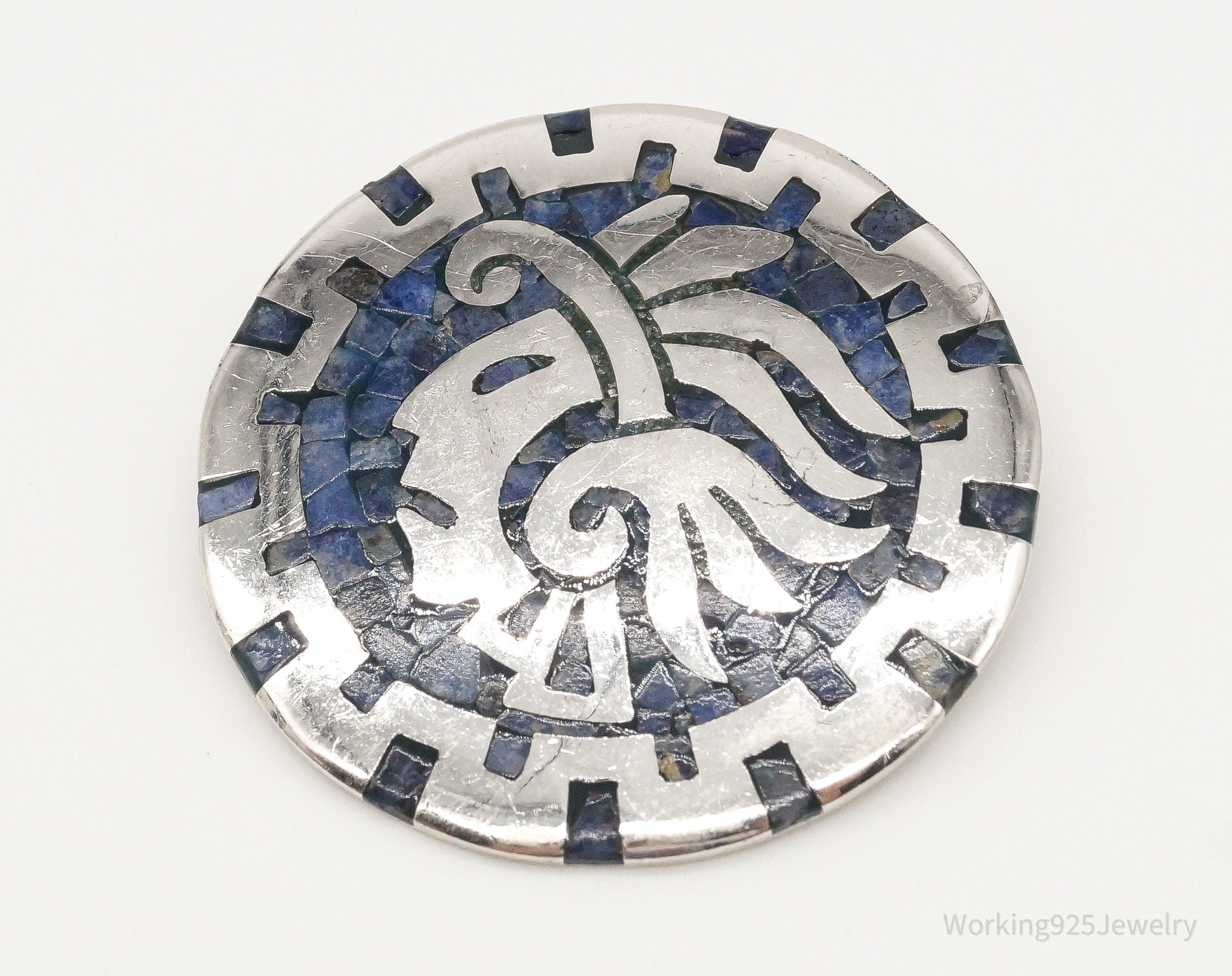 Vintage Mexico Handmade Sodalite Inlay Aztec Sterling Silver Pendant Pin | Jewelry > Necklaces > Pendants | Wiccan Center