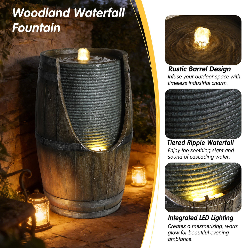 Resin Rustic Barrel Outdoor Water Fountain 24 Inch LED | Outdoor Fountain | Wiccan Center