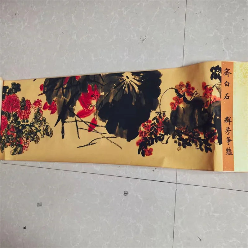 China Old long Scroll Painting,Qi Baishi's watercolor painting "Colorful Painting of the Competition of Flowers"