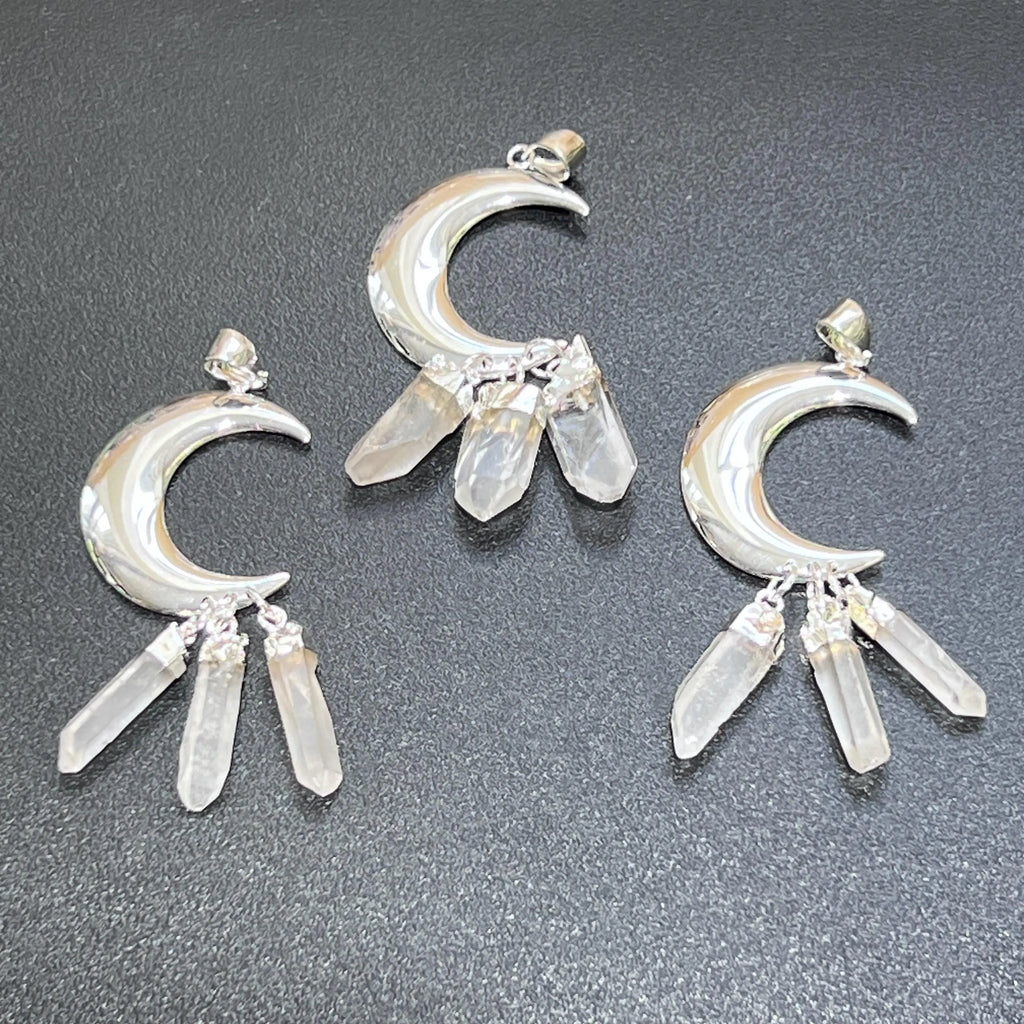 Quartz Crystal Crescent Moon Pendant (Silver Plated)(3 Crystals) Gemstone Jewelry Necklace Supply | Craft Supplies & Tools > Beads, Gems & Cabochons > Charms & Pendants > Charms | Wiccan Center