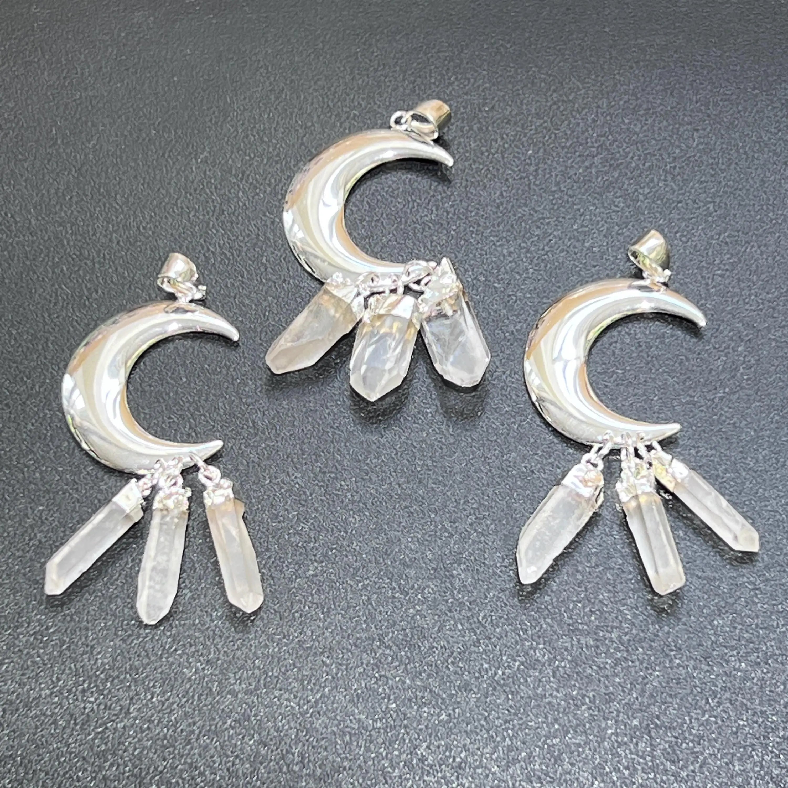 Quartz Crystal Crescent Moon Pendant (Silver Plated)(3 Crystals) Gemstone Jewelry Necklace Supply | Craft Supplies & Tools > Beads, Gems & Cabochons > Charms & Pendants > Charms | Wiccan Center