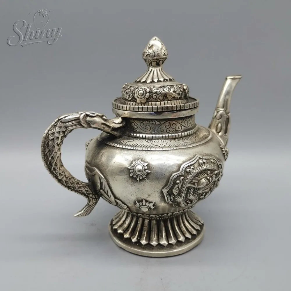 Exquisite Old Chinese Tibet Silver Hand carved Dragon Flagon / Teapot