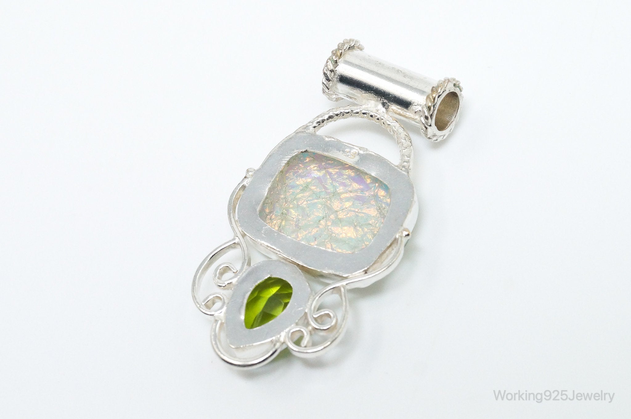 Large Vintage Rainbow Glass Peridot Sterling Silver Pendant | Jewelry > Necklaces > Pendants | Wiccan Center