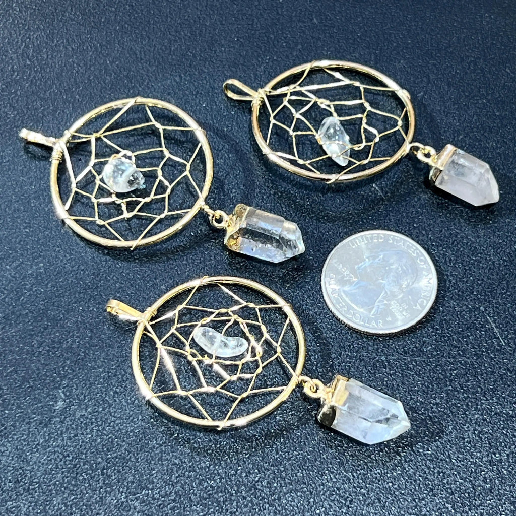 Dreamcatcher Pendant (Quartz Crystal Point)(Gold Plated) Gemstone Jewelry Necklace Supply | Jewelry > Necklaces > Crystal Necklaces | Wiccan Center