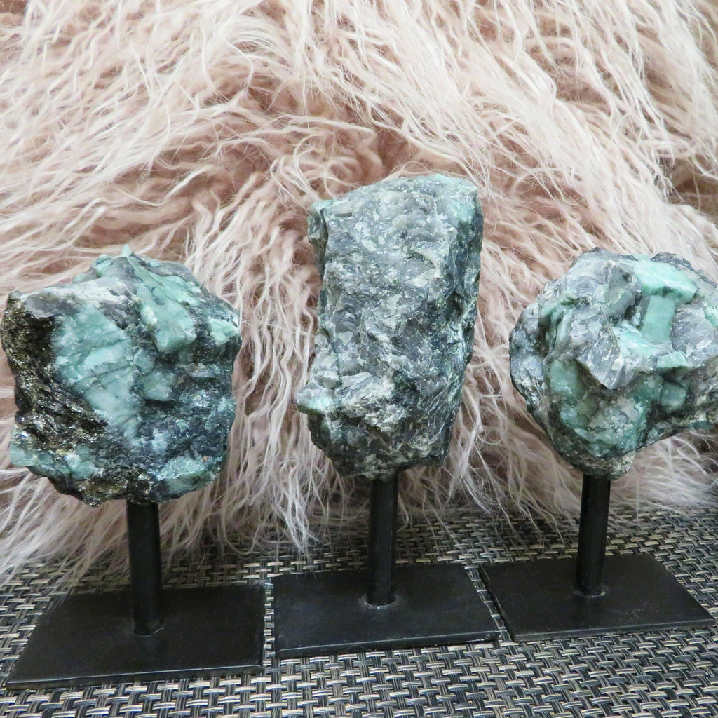 Raw Emerald Cluster on Metal Stand