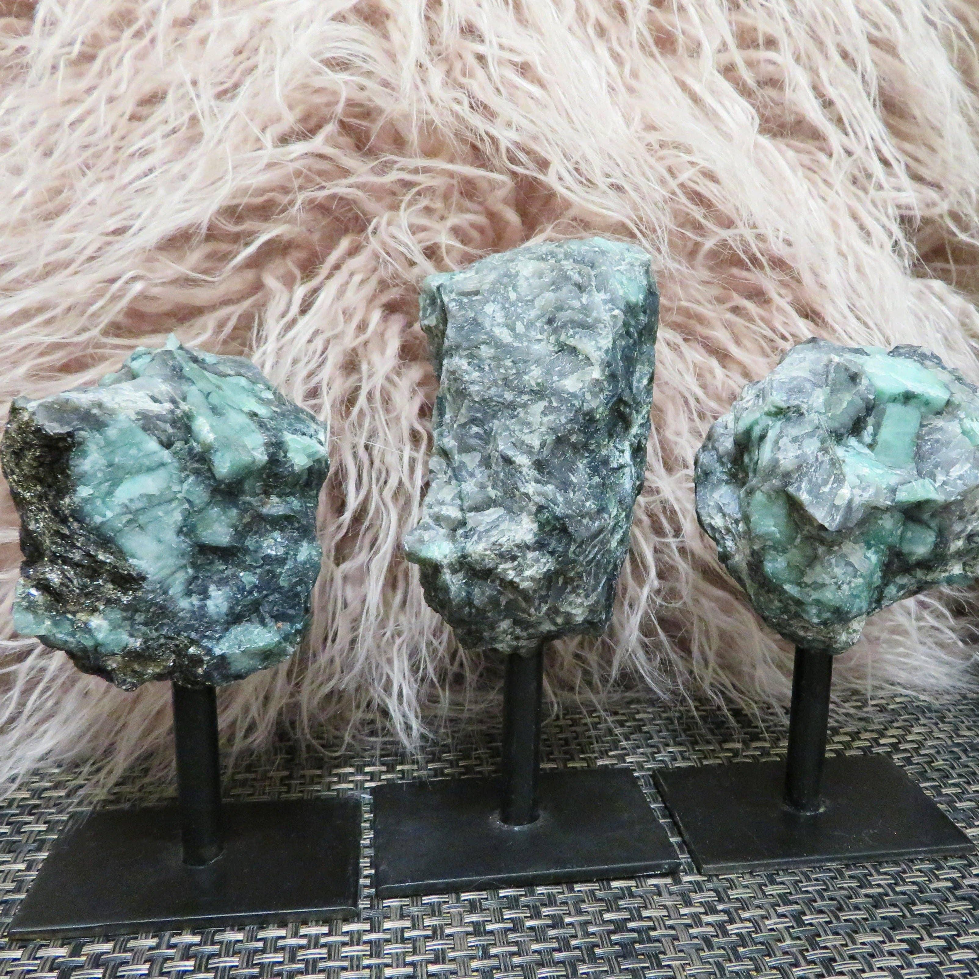 Raw Emerald Cluster on Metal Stand