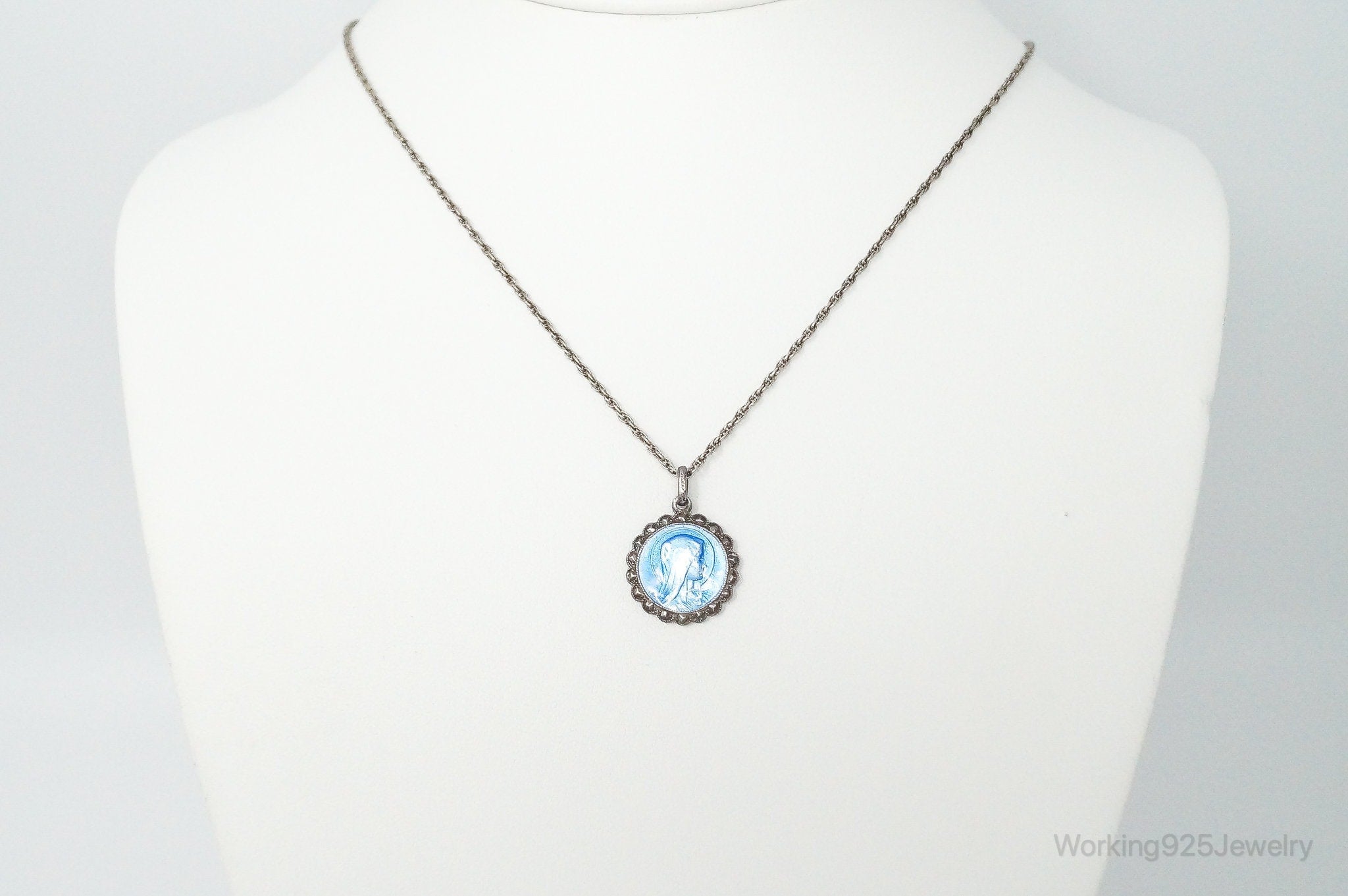 Vintage French Mother Mary Jesus Blue Enamel Sterling Silver Necklace | Jewelry > Necklaces > Pendants | Wiccan Center